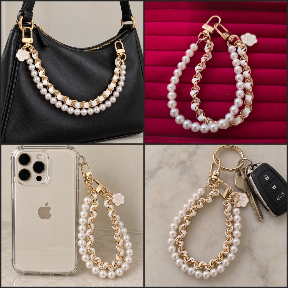 Gold Pearl Camellia Bag Charm Phone Chain Keychain Accessory 10 inch